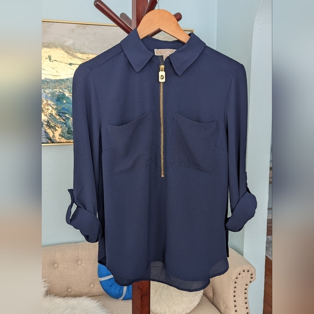 Michael Kors Blue Women's Top with Gold Accents Size M - Picture 3 of 11